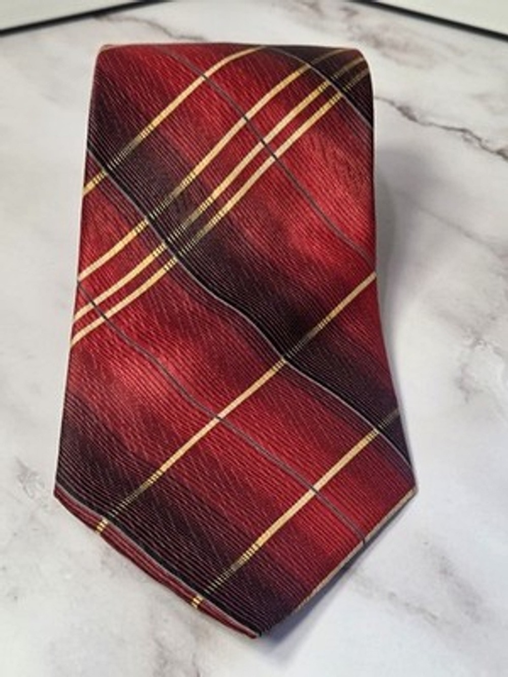 Carlos Devenezia 100% Silk Neck Tie Red Plaid Gold Stripes Classic Men's Tie
